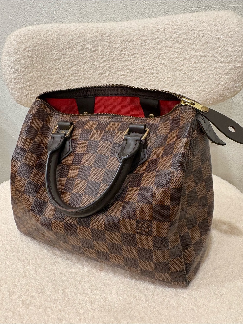 Louis Vuitton Brown Checker Satchel with Red Interior